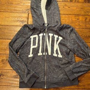 Navy/gray Heather color full zip. Fur in hood. Size medium from PINK
